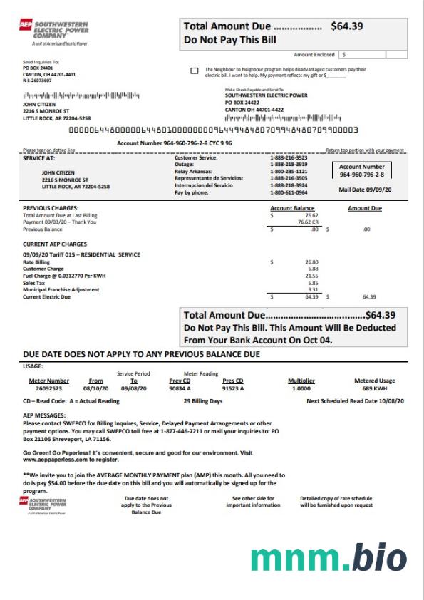 USA Louisiana AEP (Southwestern Electric Power Firma) szablon rachunku za energię elektryczną w formacie Word i PDF